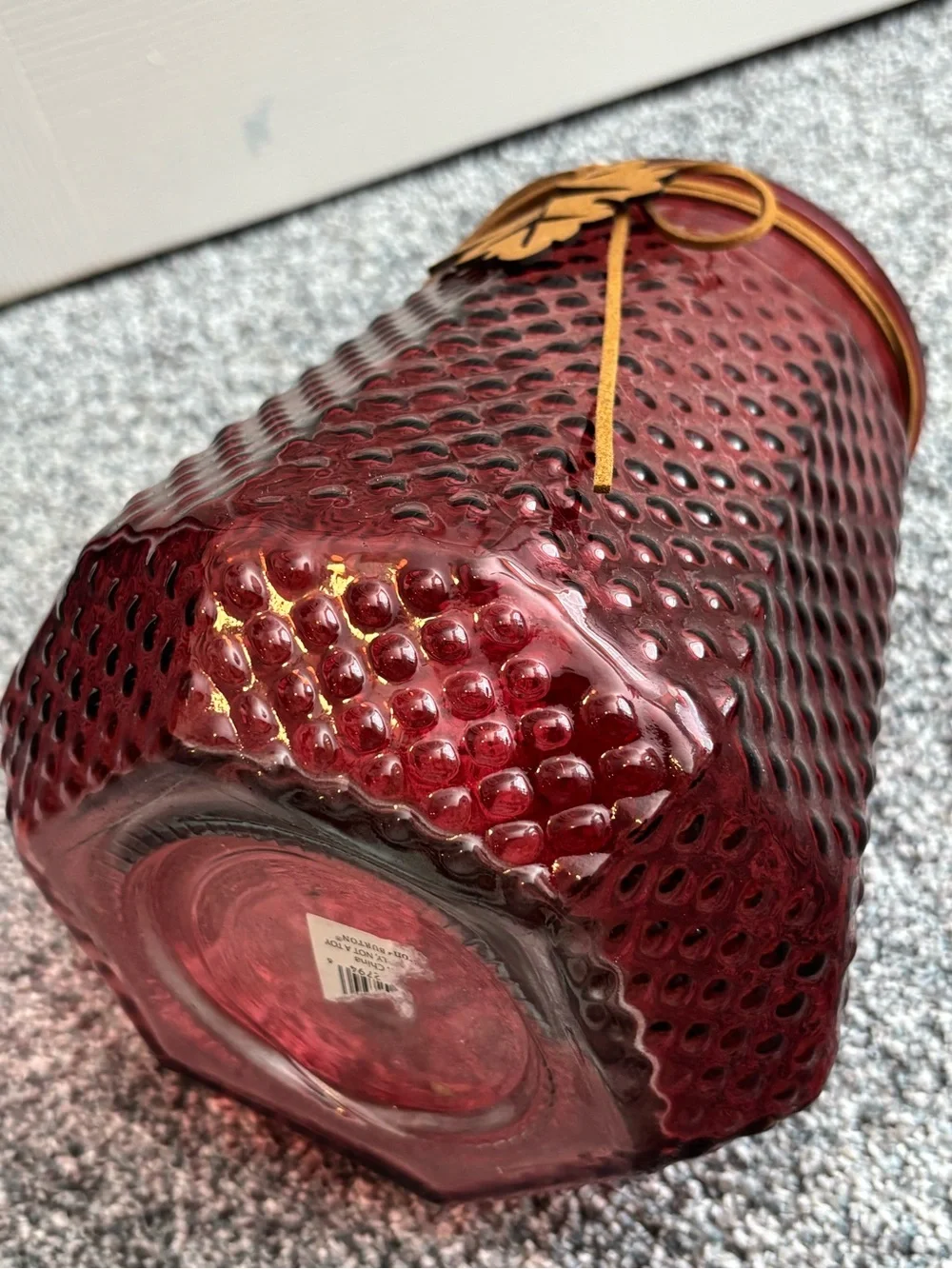 Red Textured Glass Vase with Suede Leaf Accent